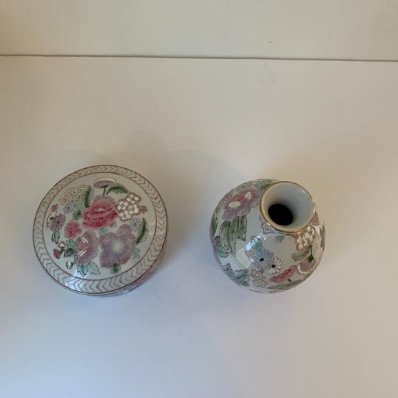 Vintage Chinoiserie Floral Vase & Candy Dish with Lid 3 PC Set Pink & Green - Picture 3 of 6